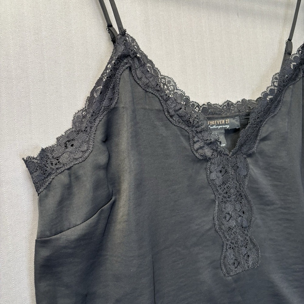 Forever 21 Black Lace Trim Y2K Satin Cami Top Whimsigoth Fairy Grunge - Picture 3 of 9